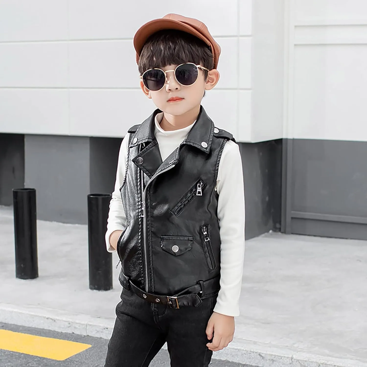 Boys Girls Faux Leather Vest Coat Toddler Kids Zip Up Motorcycle Sleeveless Casual Jacket Outerwear with Pockets