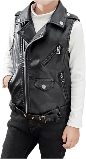 Boys Girls Faux Leather Vest Coat Toddler Kids Zip Up Motorcycle Sleeveless Casual Jacket Outerwear with Pockets