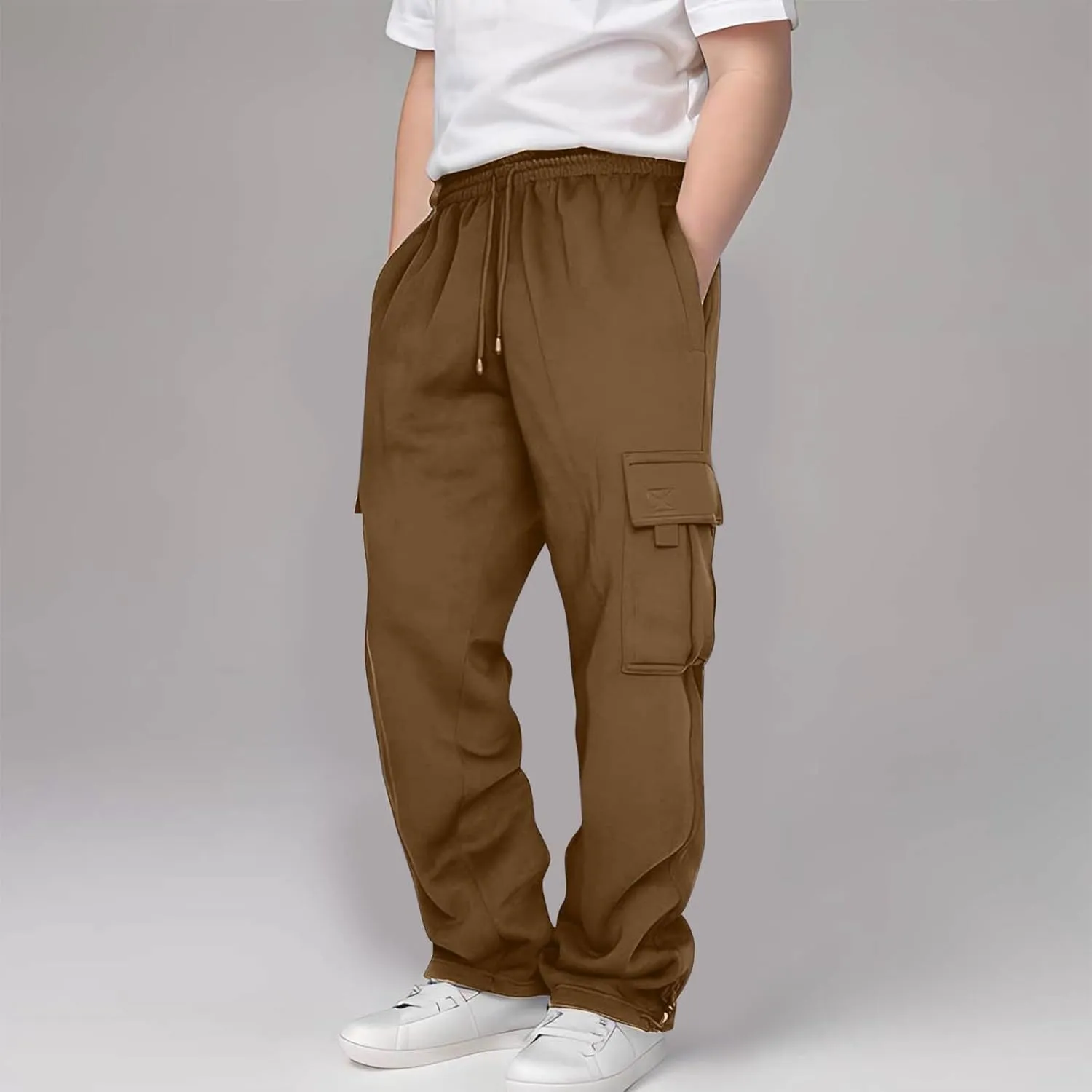 Boys' Open Bottom Fleece-Lined Sweatpants with Pockets High Elastic Waist Baggy Wide Straight Leg Pants 5-15 Years