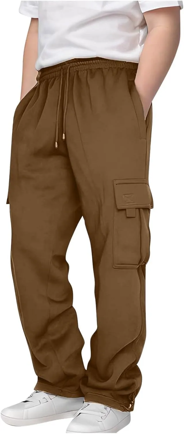 Boys' Open Bottom Fleece-Lined Sweatpants with Pockets High Elastic Waist Baggy Wide Straight Leg Pants 5-15 Years