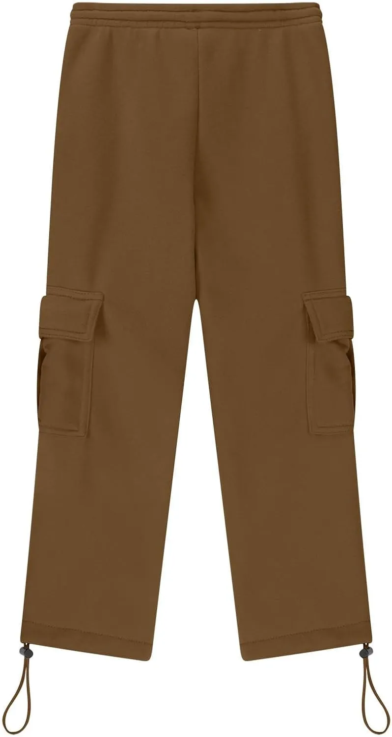 Boys' Open Bottom Fleece-Lined Sweatpants with Pockets High Elastic Waist Baggy Wide Straight Leg Pants 5-15 Years