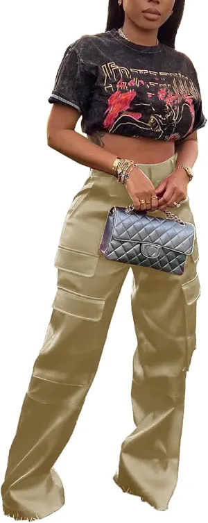CALEBGAR Womens Cargo Pants Casual High Wasited Wide Leg Parachute Pants with Pockets