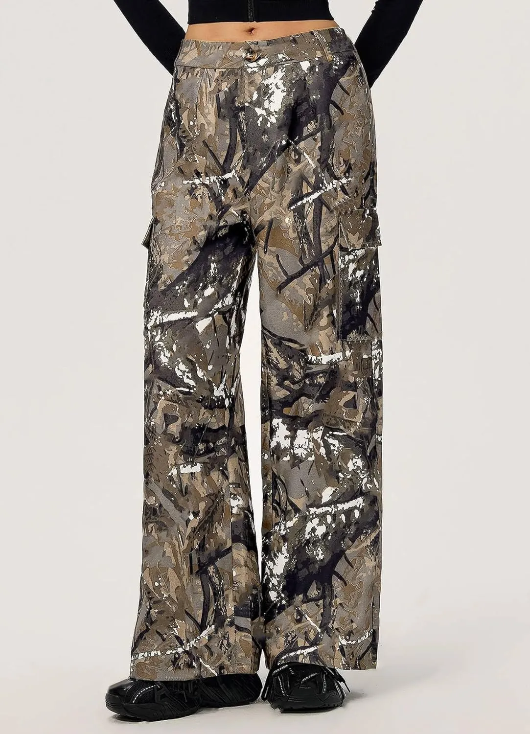 Camo Pants Women High Waist Baggy Wide Leg Camouflage Army Fatigue Jean Trousers Slim Fit Pockets Joggers Sweatpants