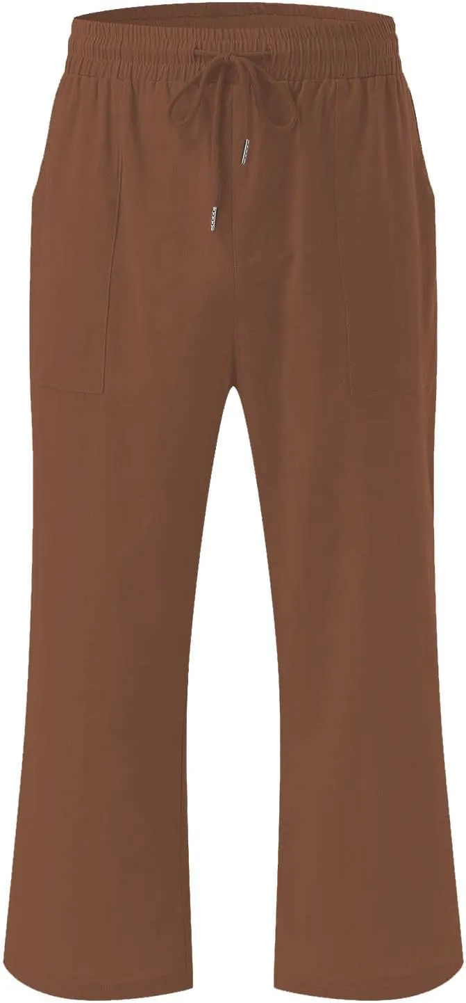 Capri Linen Pants for Women High Waist Drawstring Comfy Casual Pants Summer Lightweight Loose Trousers with Pockets