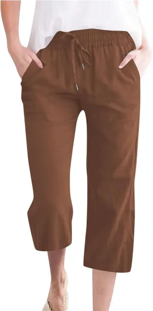 Capri Linen Pants for Women High Waist Drawstring Comfy Casual Pants Summer Lightweight Loose Trousers with Pockets