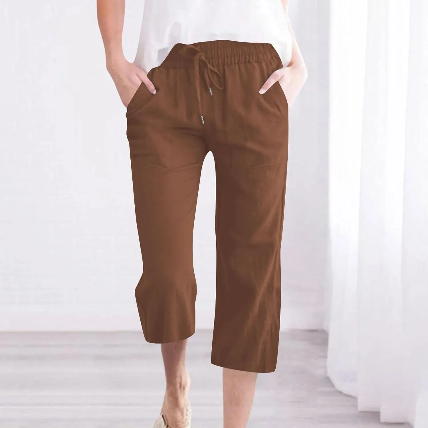 Capri Linen Pants for Women High Waist Drawstring Comfy Casual Pants Summer Lightweight Loose Trousers with Pockets