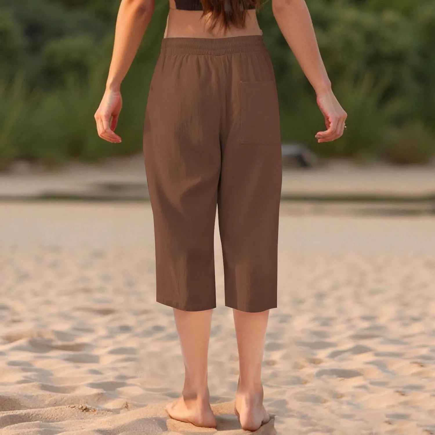 Capri Linen Pants for Women High Waist Drawstring Comfy Casual Pants Summer Lightweight Loose Trousers with Pockets