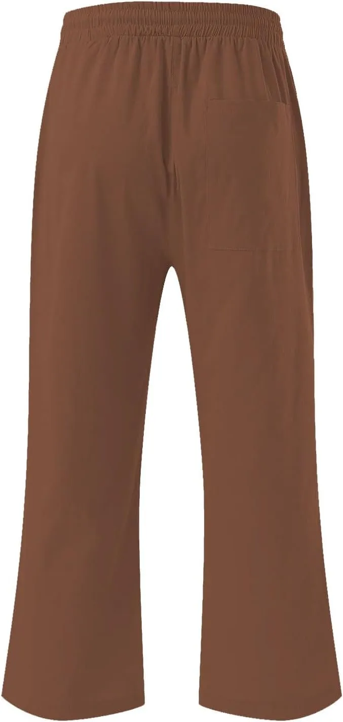 Capri Linen Pants for Women High Waist Drawstring Comfy Casual Pants Summer Lightweight Loose Trousers with Pockets