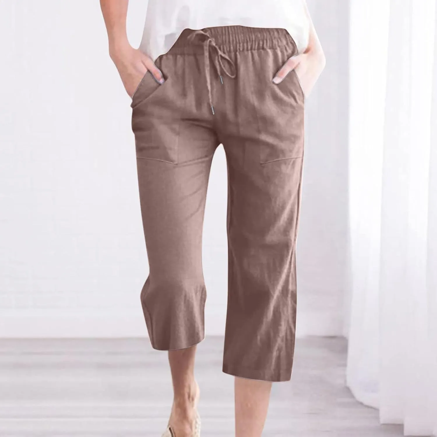 Capri Pants for Women 2025 Summer Casual Cotton Linen Capris Baggy Drawstring Elastic Waist Straight Leg Cropped Trousers