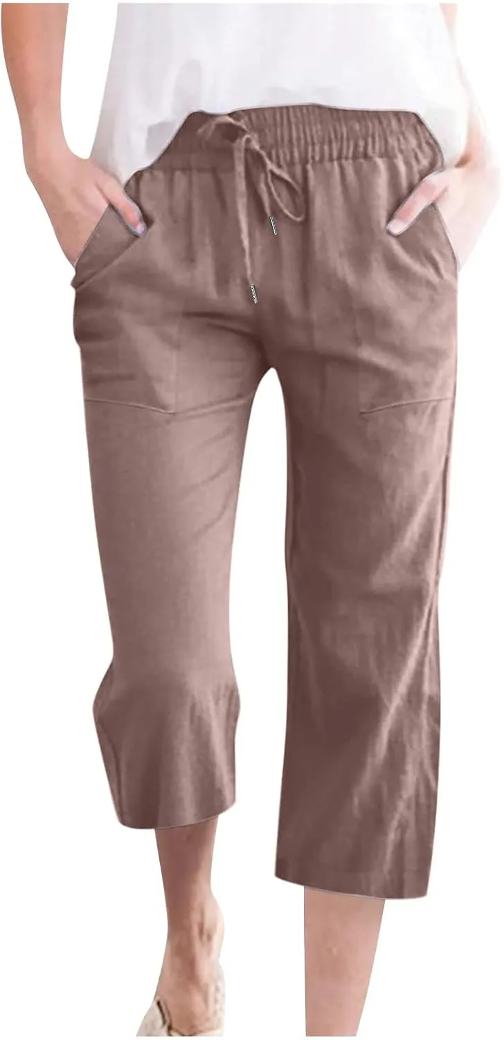 Capri Pants for Women 2025 Summer Casual Cotton Linen Capris Baggy Drawstring Elastic Waist Straight Leg Cropped Trousers