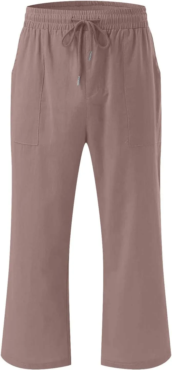 Capri Pants for Women 2025 Summer Casual Cotton Linen Capris Baggy Drawstring Elastic Waist Straight Leg Cropped Trousers