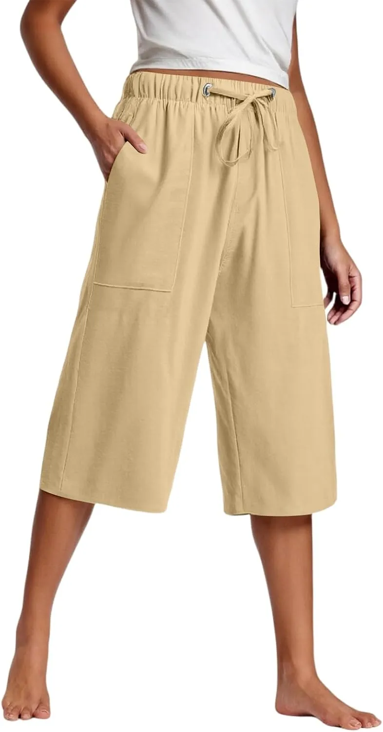 Capri Pants for Women High Waisted Drawstring Linen Pants Summer Capris Wide Leg Pant Casual Palazzo Pant