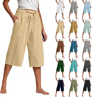 Capri Pants for Women High Waisted Drawstring Linen Pants Summer Capris Wide Leg Pant Casual Palazzo Pant