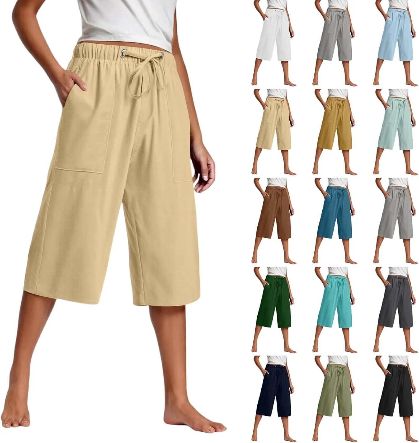 Capri Pants for Women High Waisted Drawstring Linen Pants Summer Capris Wide Leg Pant Casual Palazzo Pant