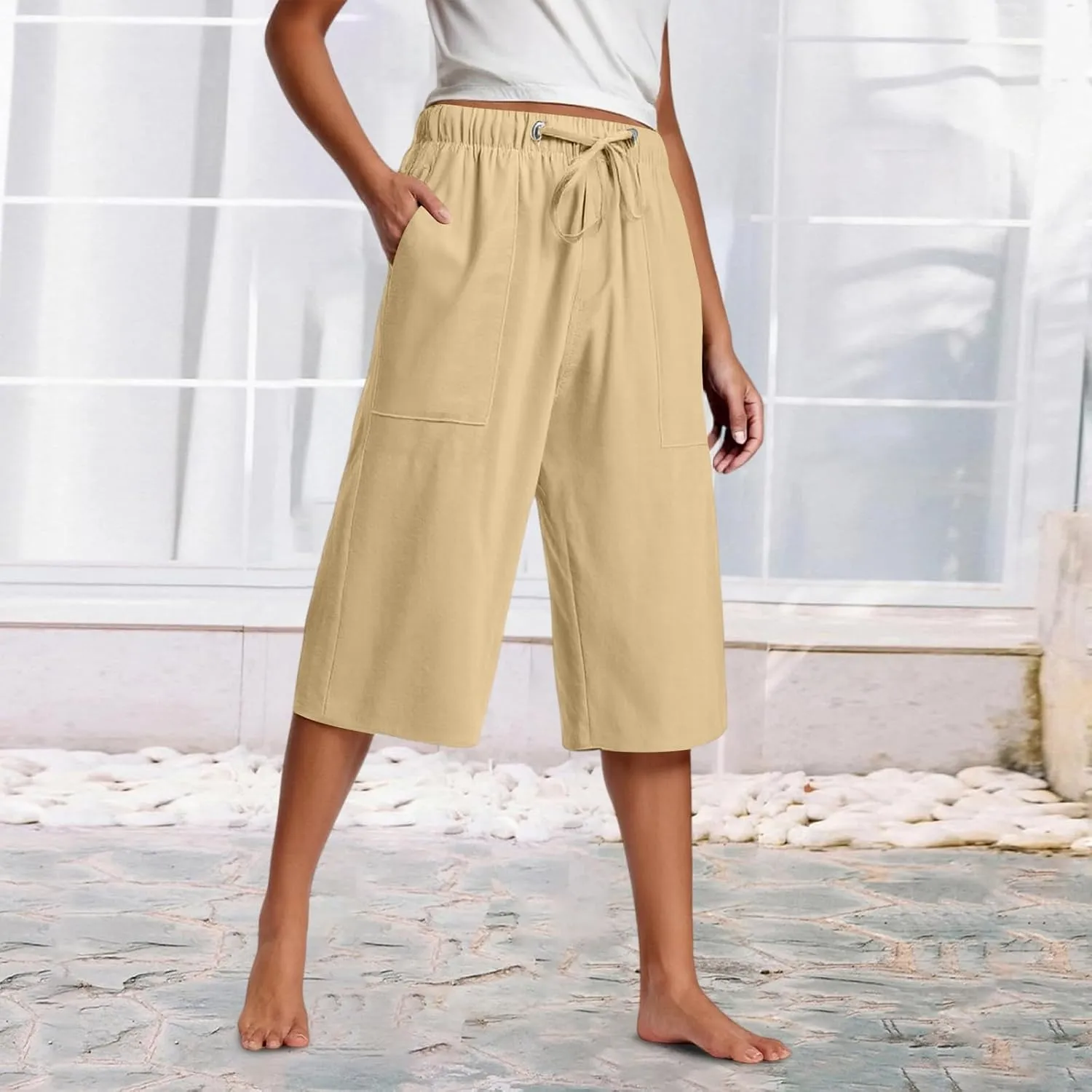 Capri Pants for Women High Waisted Drawstring Linen Pants Summer Capris Wide Leg Pant Casual Palazzo Pant