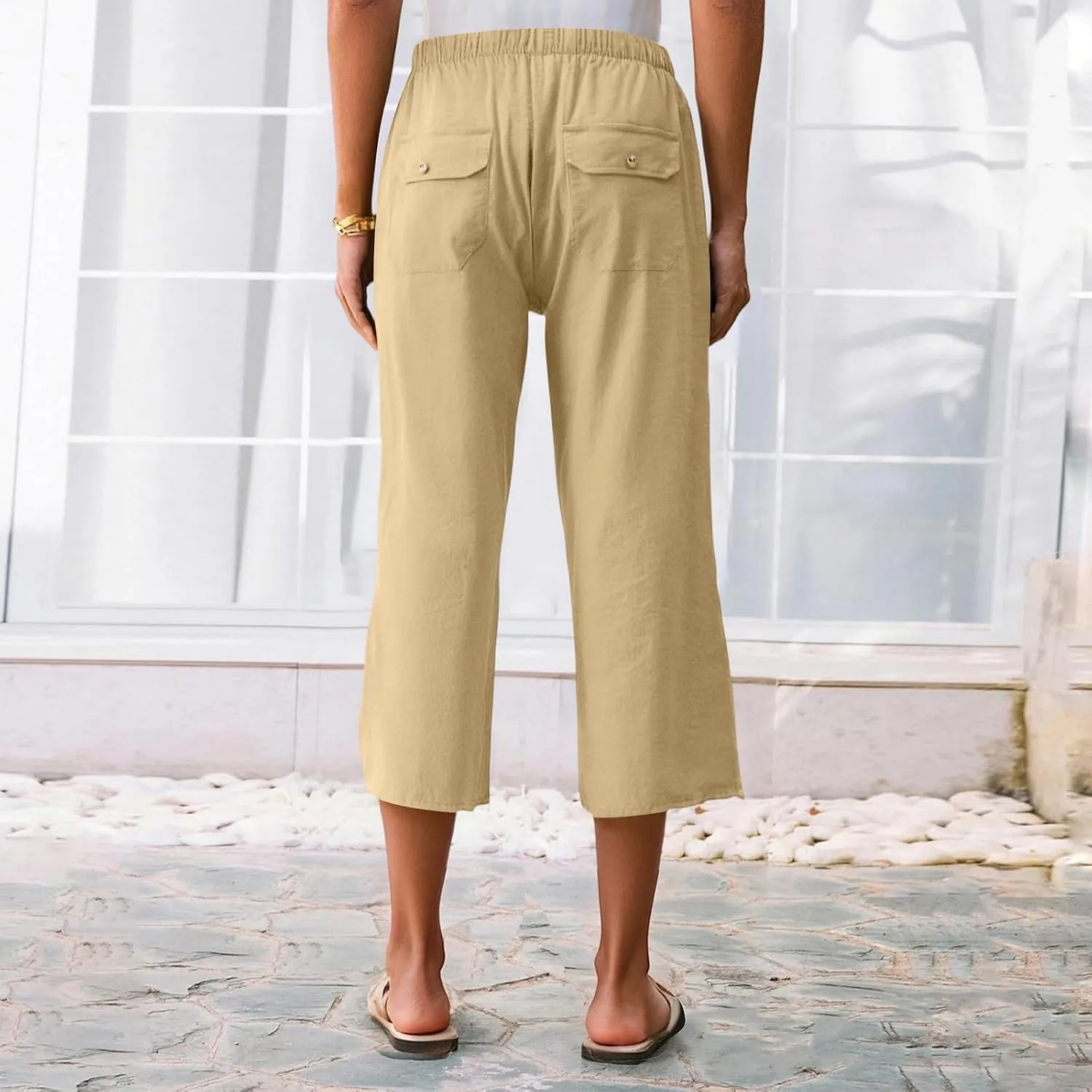 Capri Pants for Women High Waisted Drawstring Linen Pants Summer Capris Wide Leg Pant Casual Palazzo Pant