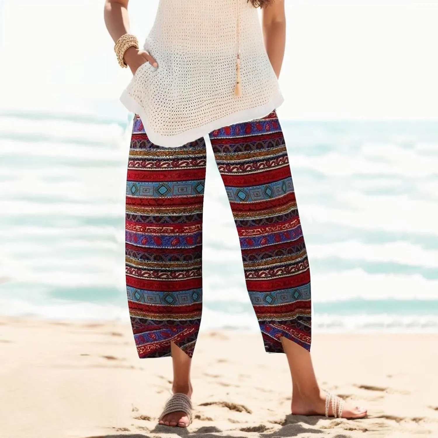 Capri Pants for Women Palazzo Lounge Pants Wide Leg Printed Cropped Bottoms Baggy Trousers Sweatpants with Pockets