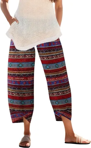 Capri Pants for Women Palazzo Lounge Pants Wide Leg Printed Cropped Bottoms Baggy Trousers Sweatpants with Pockets