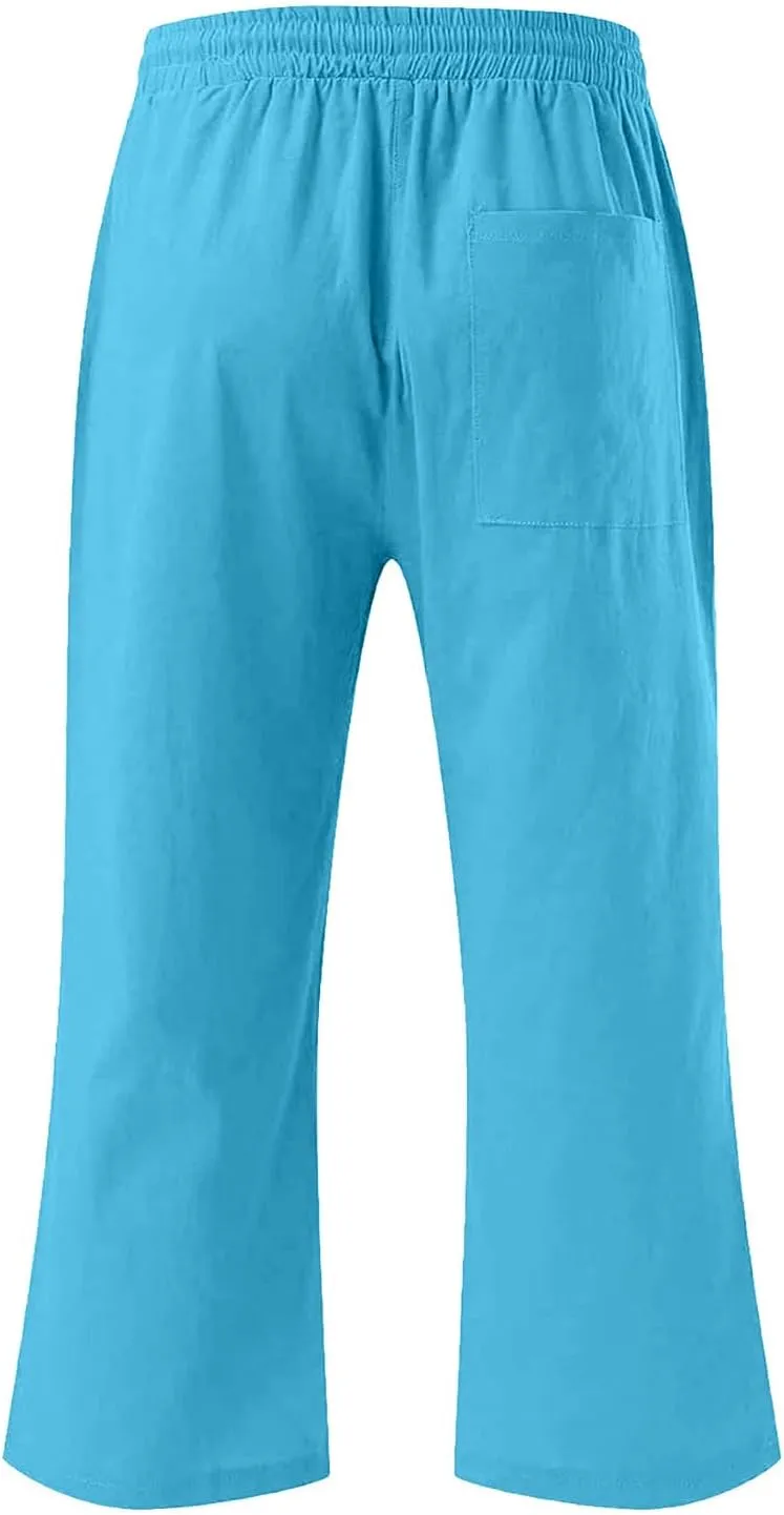 Capris Pants for Girls Summer Casual Loose Cotton Linen Straight Wide Leg Drawstring Elastic Waist Solid Cropped Pant