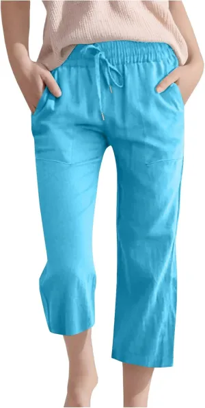 Capris Pants for Girls Summer Casual Loose Cotton Linen Straight Wide Leg Drawstring Elastic Waist Solid Cropped Pant