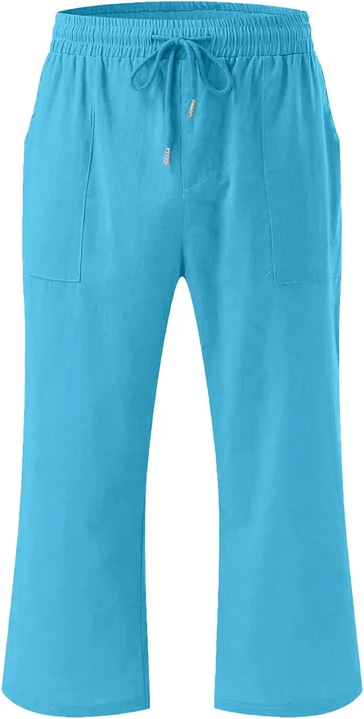 Capris Pants for Girls Summer Casual Loose Cotton Linen Straight Wide Leg Drawstring Elastic Waist Solid Cropped Pant