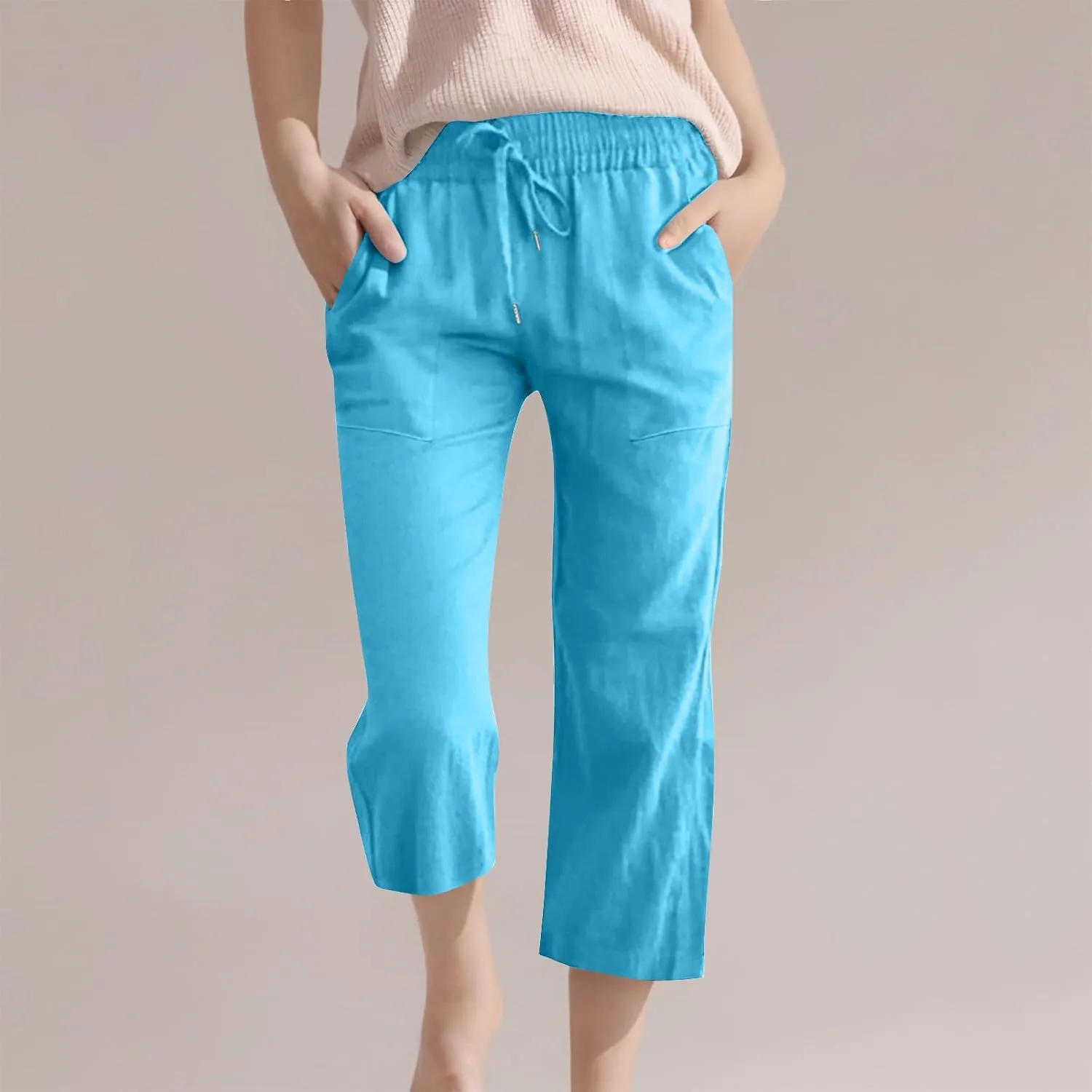 Capris Pants for Girls Summer Casual Loose Cotton Linen Straight Wide Leg Drawstring Elastic Waist Solid Cropped Pant