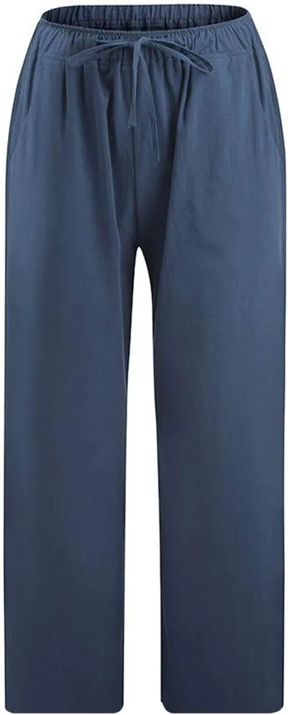 Capris Pants for Women Cotton Linen Casual Summer 2025 Loose Fit Drawstring Elastic Waist Cropped Trouser Beach Pants
