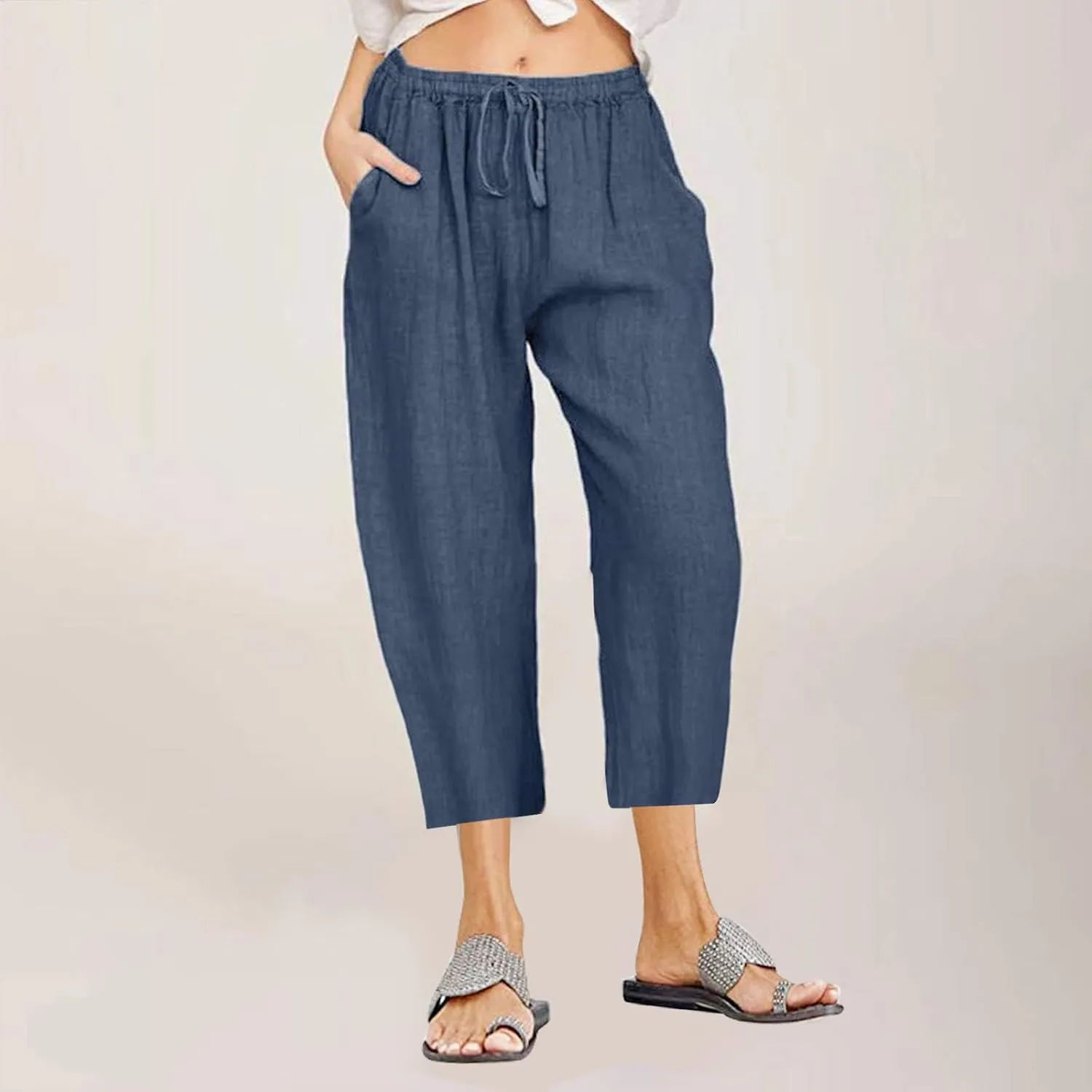 Capris Pants for Women Cotton Linen Casual Summer 2025 Loose Fit Drawstring Elastic Waist Cropped Trouser Beach Pants