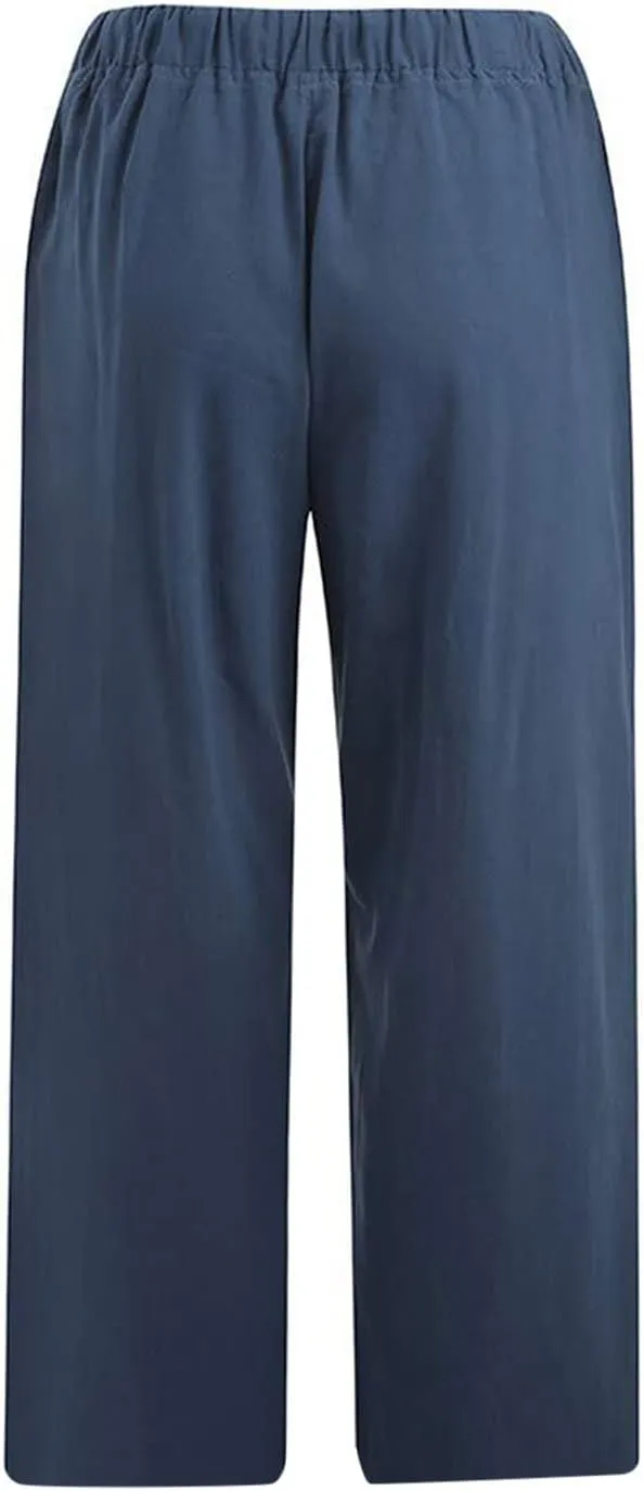 Capris Pants for Women Cotton Linen Casual Summer 2025 Loose Fit Drawstring Elastic Waist Cropped Trouser Beach Pants