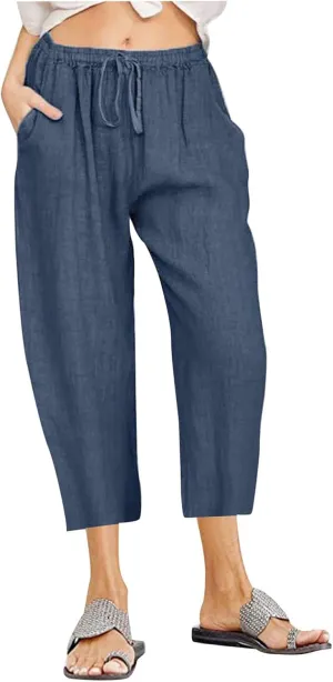 Capris Pants for Women Cotton Linen Casual Summer 2025 Loose Fit Drawstring Elastic Waist Cropped Trouser Beach Pants