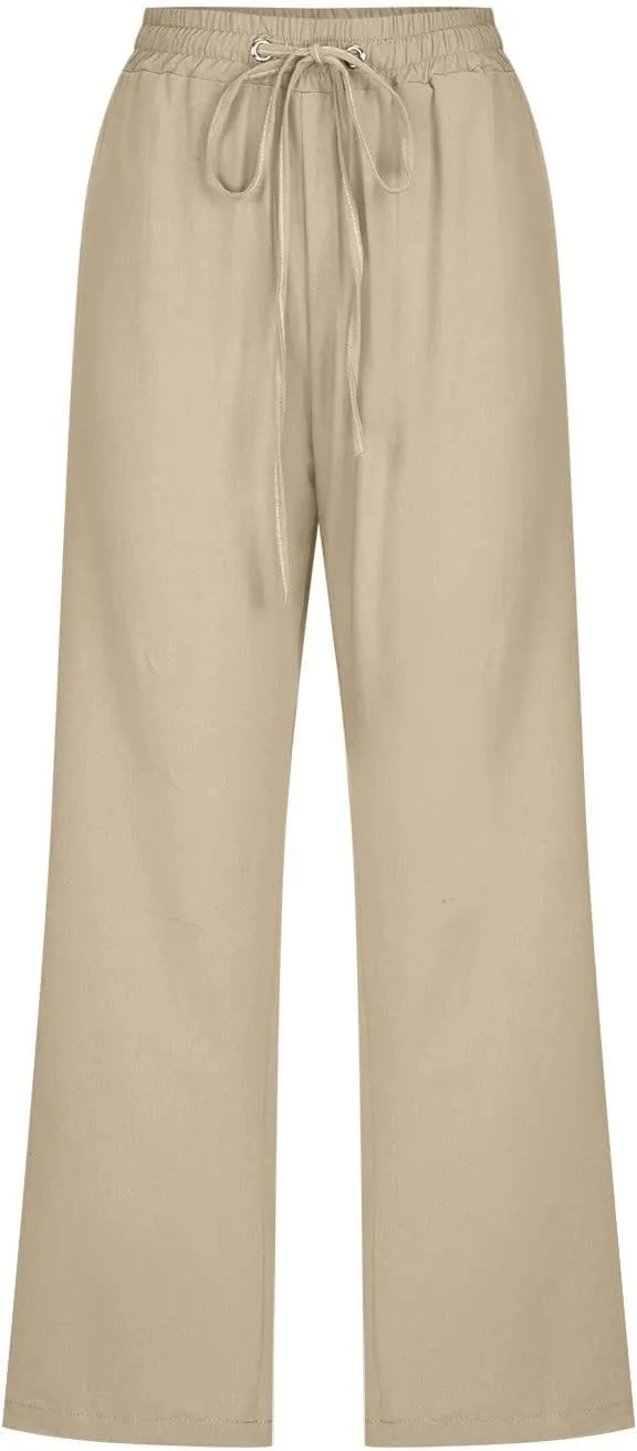 Capris Pants for Women Cotton Linen Casual Summer Plus Size Wide Leg Loose Drawstring Elastic Waist Cropped Trousers