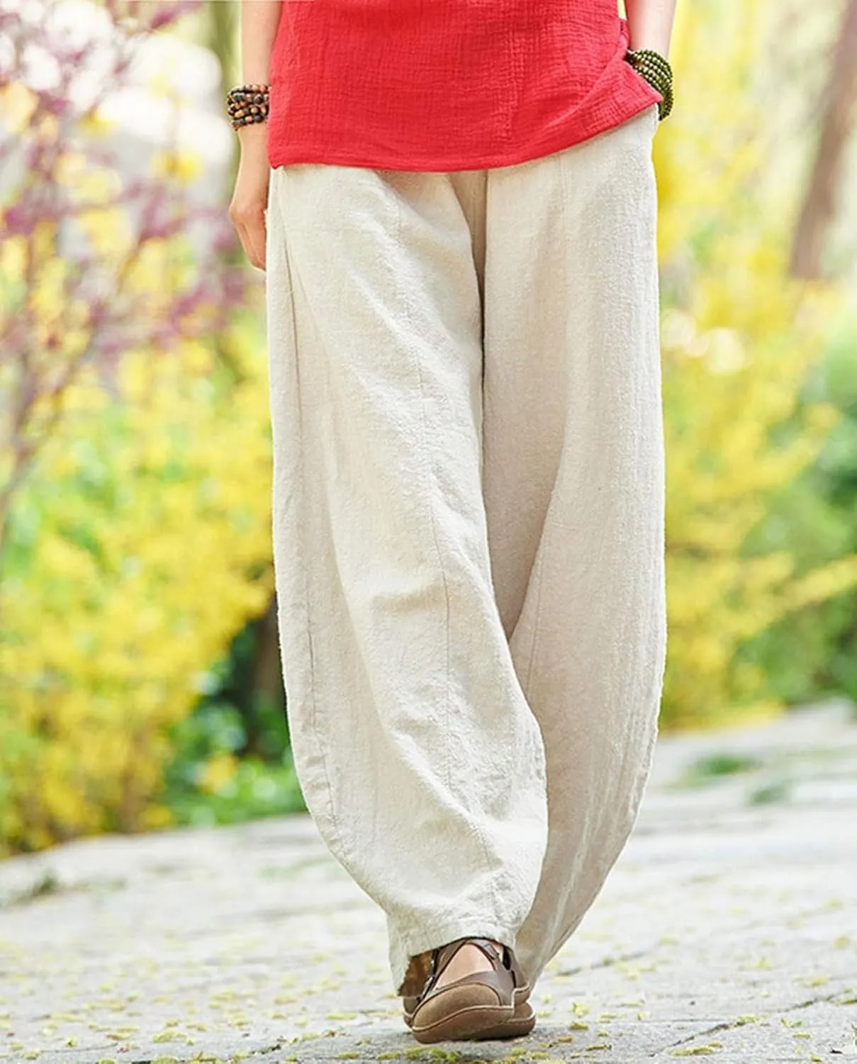 Cargo Japanese Pants for Women Soild Cotton Linen Wide Leg Pants Casual Fall Baggy Lantern Trouser with Pockets