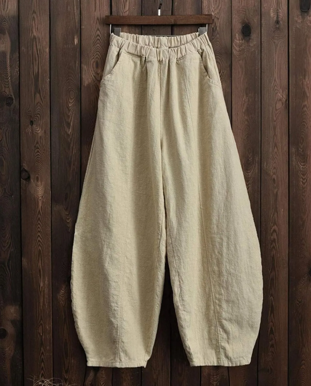 Cargo Japanese Pants for Women Soild Cotton Linen Wide Leg Pants Casual Fall Baggy Lantern Trouser with Pockets