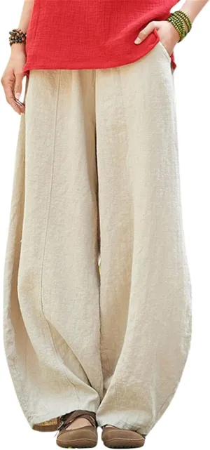 Cargo Japanese Pants for Women Soild Cotton Linen Wide Leg Pants Casual Fall Baggy Lantern Trouser with Pockets