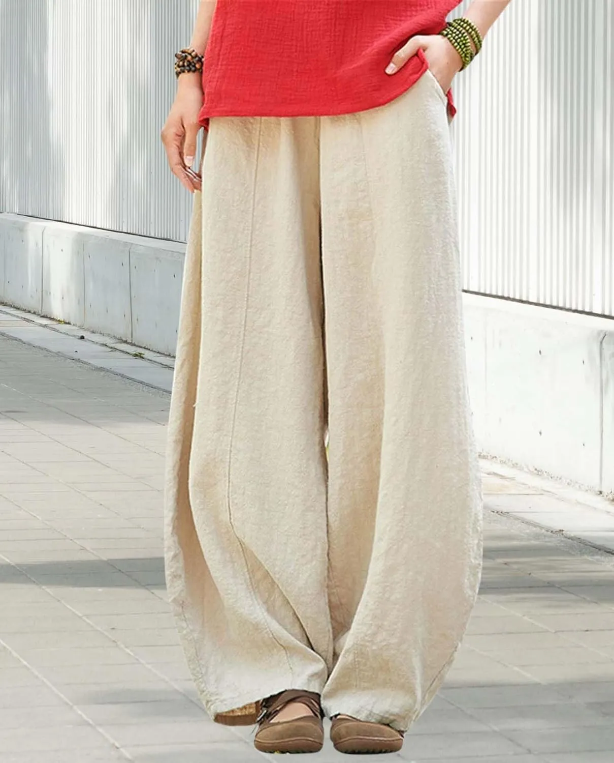 Cargo Japanese Pants for Women Soild Cotton Linen Wide Leg Pants Casual Fall Baggy Lantern Trouser with Pockets