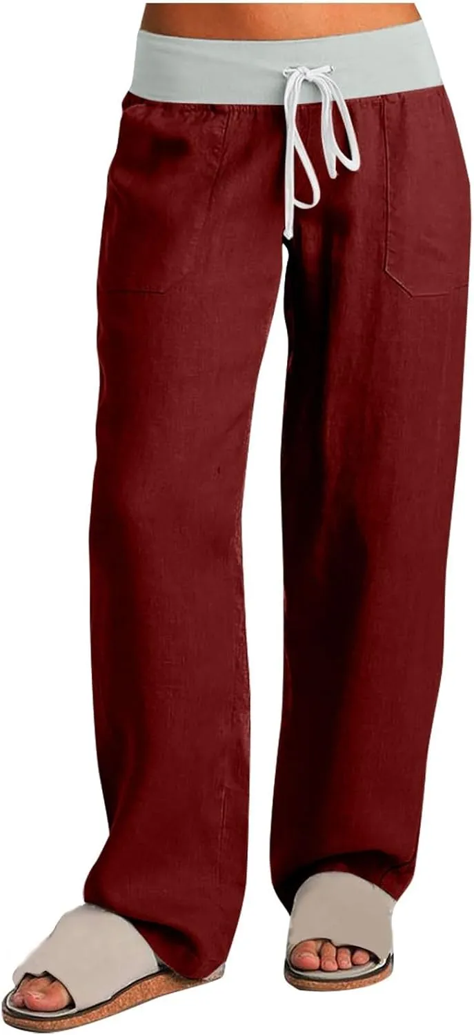Cargo Pants Women with Flap Pockets High Waisted Side Tie Hem Straight Leg Drawstring Hiking Pants for Travel Joggers