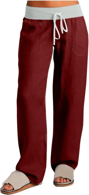 Cargo Pants Women with Flap Pockets High Waisted Side Tie Hem Straight Leg Drawstring Hiking Pants for Travel Joggers