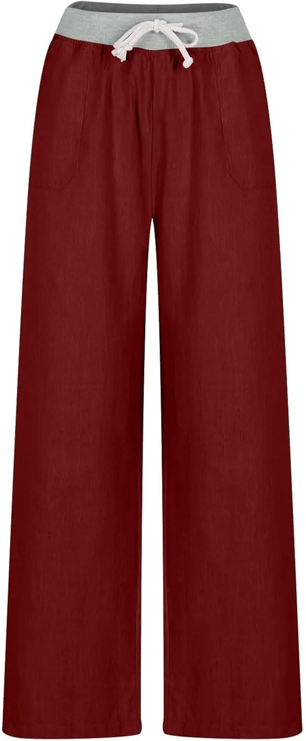 Cargo Pants Women with Flap Pockets High Waisted Side Tie Hem Straight Leg Drawstring Hiking Pants for Travel Joggers