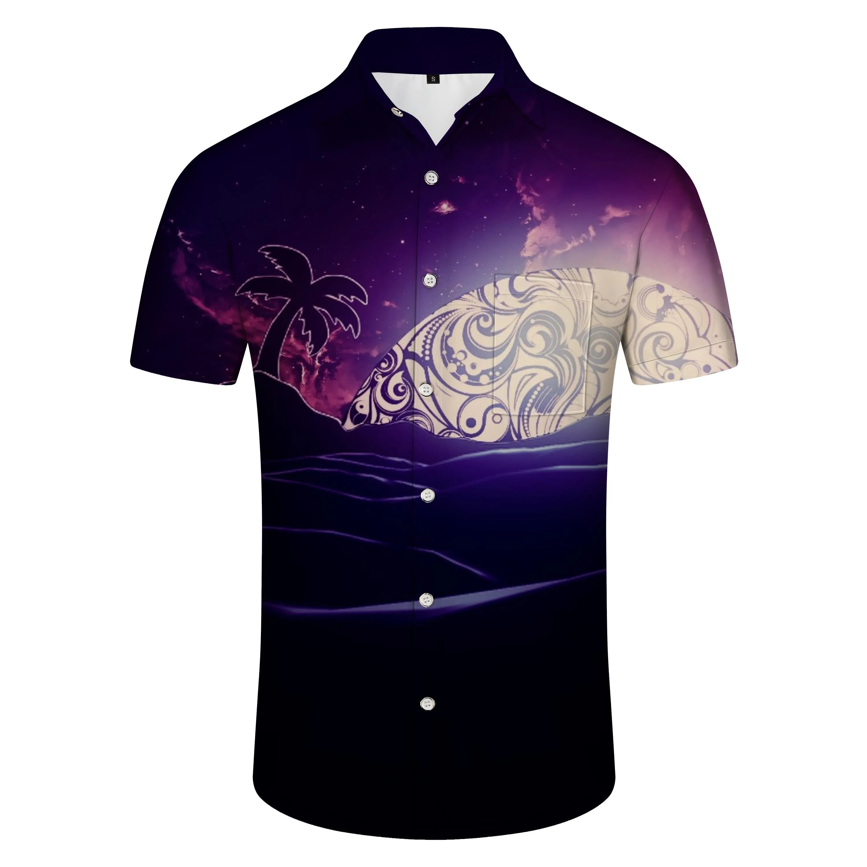 Cartoon Pattern Summer Men's Woven Outdoor Shirt Purple Coconut Short Sleeve Hawaiian Men's Button Beach Vacation