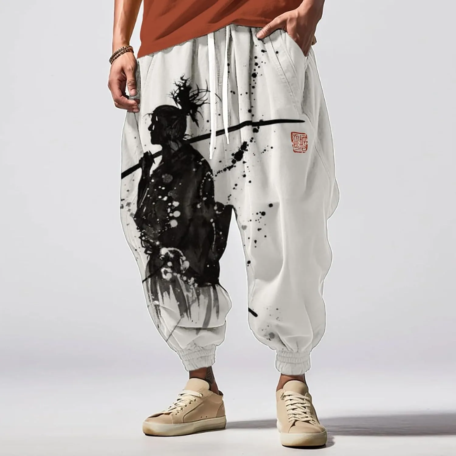 Casual Baggy Cotton Drawstring Tapered Sweatpants Sweatpants Mens Sweatpants with Pockets Black Harem Pants