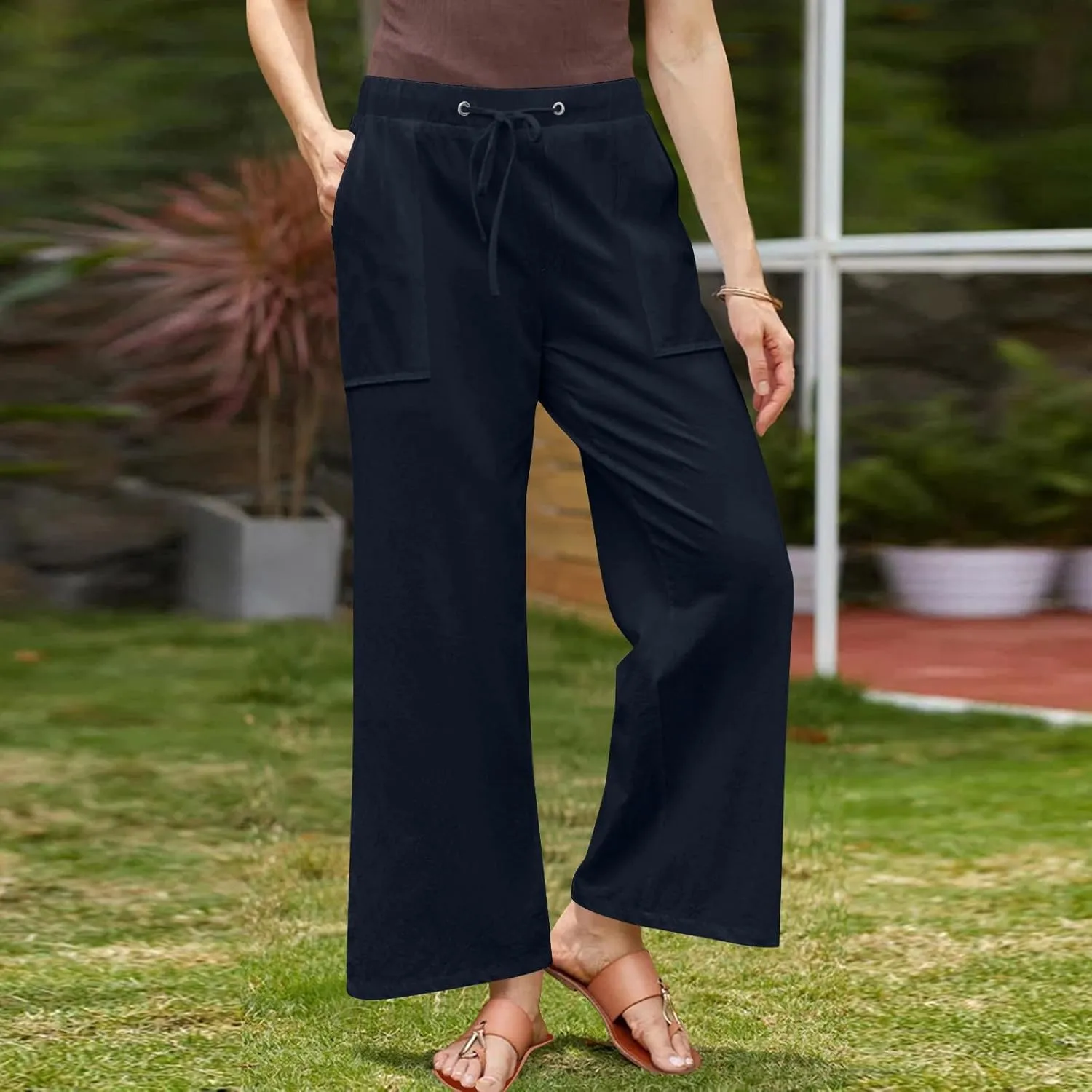 Casual Linen Pants Women Summer Flowy Palazzo Wide Leg Slacks Loose Comfy High Waisted Trousers with Pockets