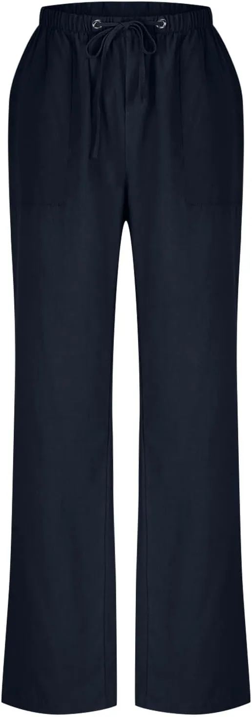 Casual Linen Pants Women Summer Flowy Palazzo Wide Leg Slacks Loose Comfy High Waisted Trousers with Pockets