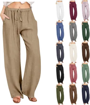 Casual Pants for Women 2025 Summer Cotton Linen Wide Leg Boho High Elastic Waist Lounge Long Trousers with Pockets