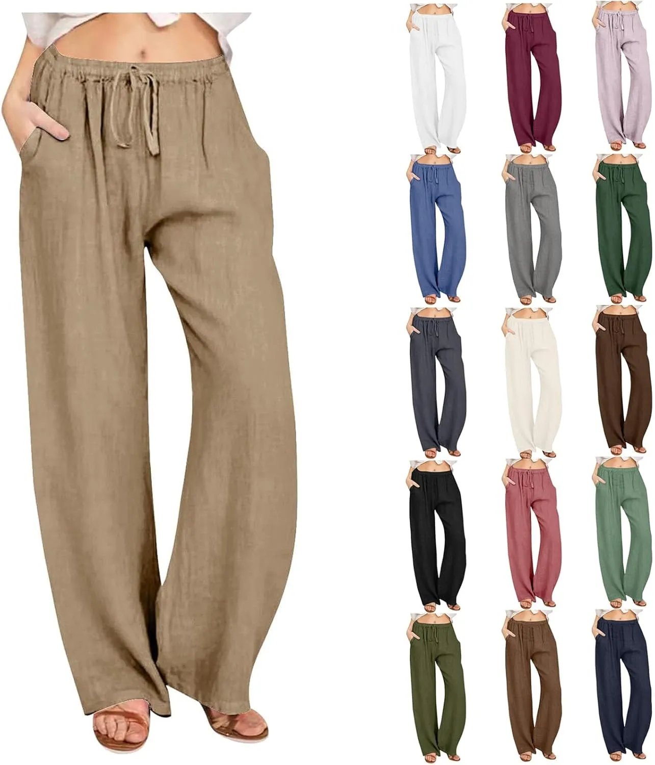 Casual Pants for Women 2025 Summer Cotton Linen Wide Leg Boho High Elastic Waist Lounge Long Trousers with Pockets