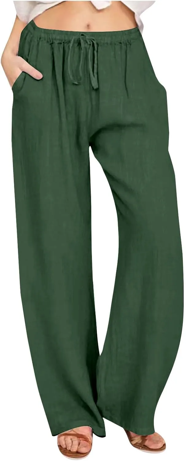 Casual Pants for Women 2025 Summer Cotton Linen Wide Leg Boho High Elastic Waist Lounge Long Trousers with Pockets