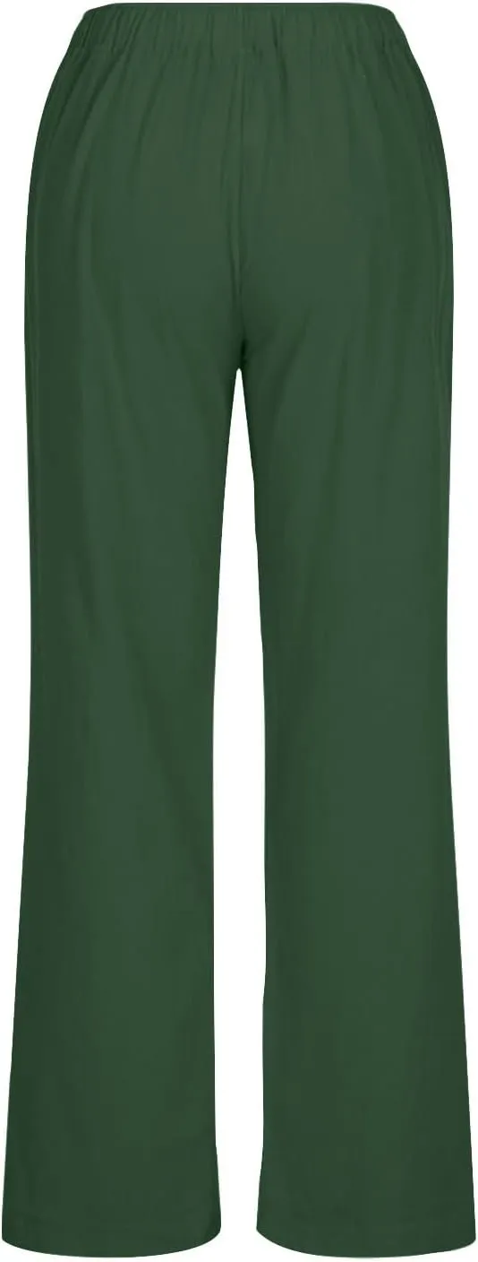 Casual Pants for Women 2025 Summer Cotton Linen Wide Leg Boho High Elastic Waist Lounge Long Trousers with Pockets