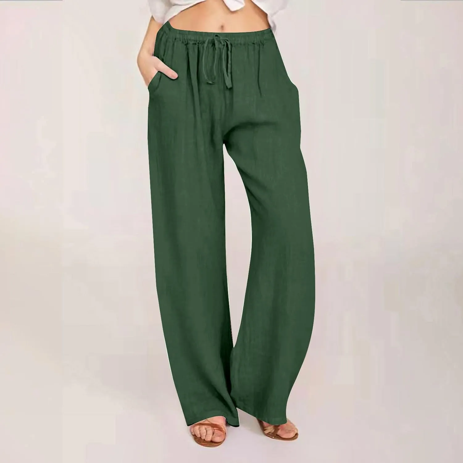Casual Pants for Women 2025 Summer Cotton Linen Wide Leg Boho High Elastic Waist Lounge Long Trousers with Pockets