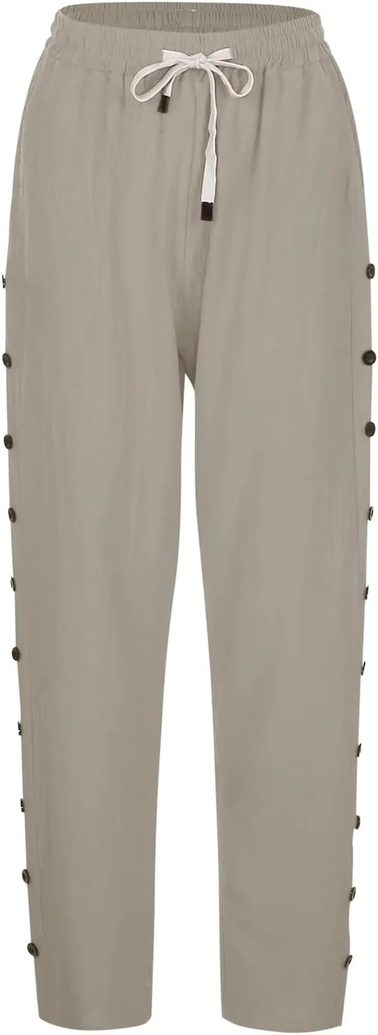 Casual Pants for Women Elastic Waisted Summer Trendy Linen Capri Pants Beach Wide Leg Baggy Cotton Cropped Trousers