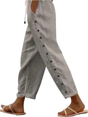 Casual Pants for Women Elastic Waisted Summer Trendy Linen Capri Pants Beach Wide Leg Baggy Cotton Cropped Trousers