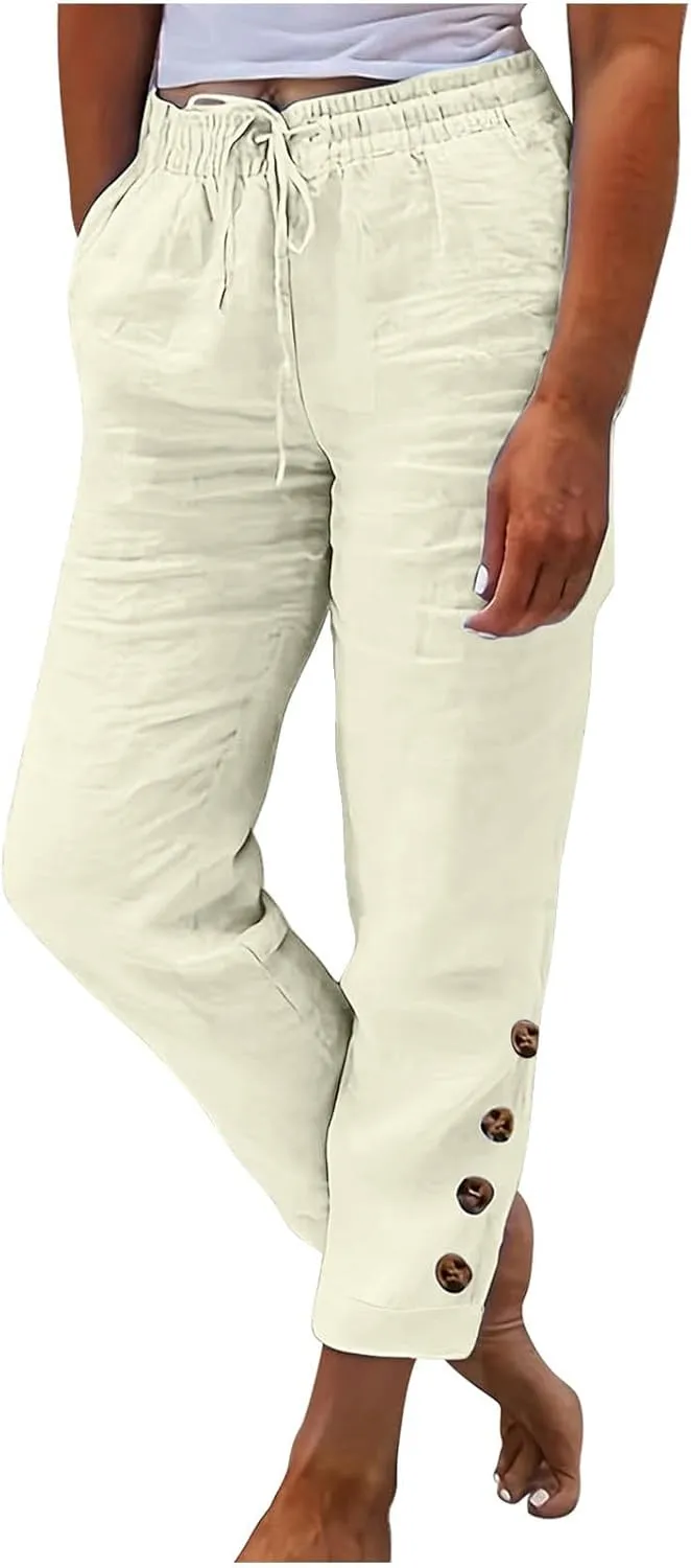 Casual Women's Pants Loose Cotton Linen 2025 Summer Beach Long Trouser Comfy Palazzo High Waisted Slack 2025 Trendy